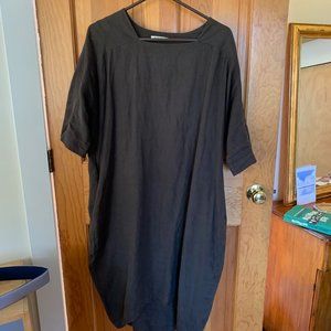 Black Crane Linen Square Neck Dress